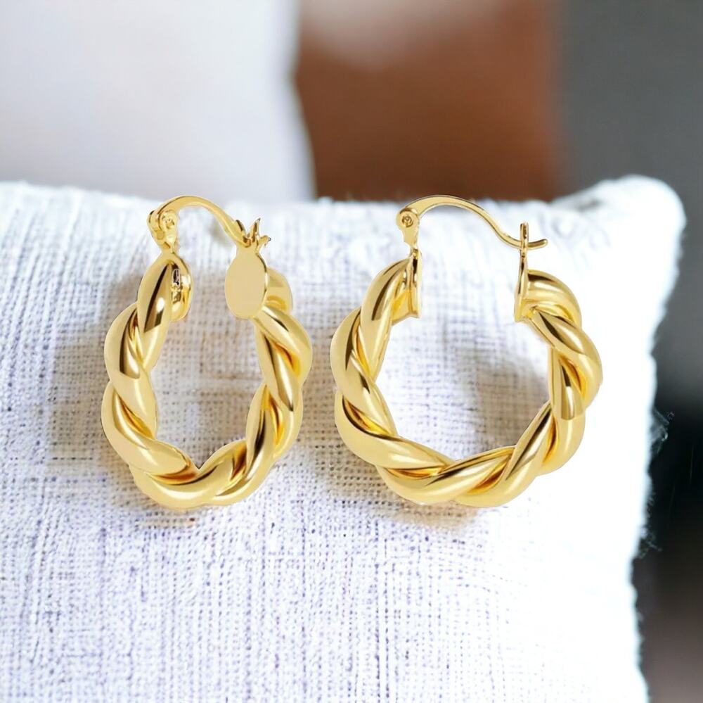 NEW 14K yellow gold plated twisted hoop earrings jewelry gift B19
